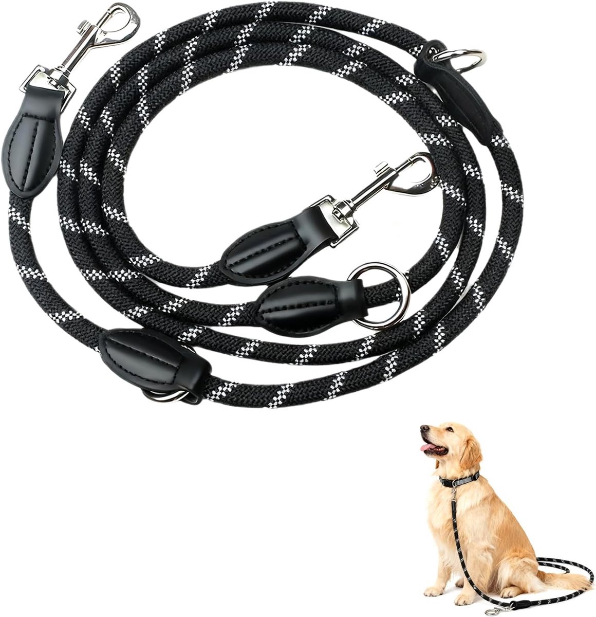 SnelShoppen - 2 m Verstelbare Hondenlijn voor Grote en Middelgrote Honden, Robuuste Nylon Reflecterende Handsfree Leash met 2 Carabiner Haken, Zwart,