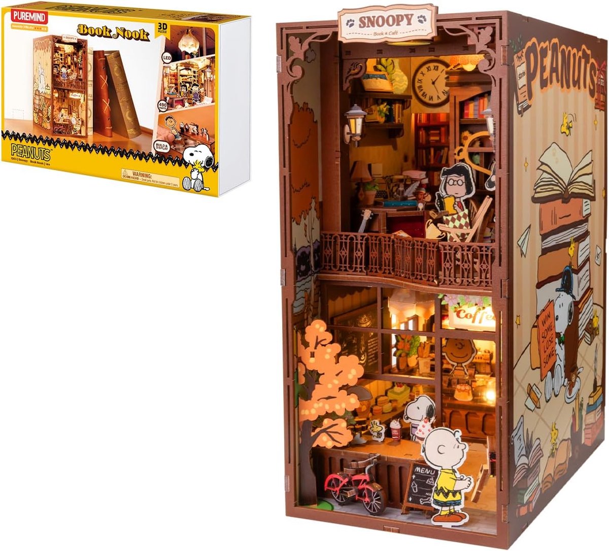 SnelShoppen - Snoopy Book Nook Kit - 3D Houten Puzzel Boek Café met Warm Licht - DIY Miniatuur Boekenkast Inleg - Verzamelmodel en Cadeau
