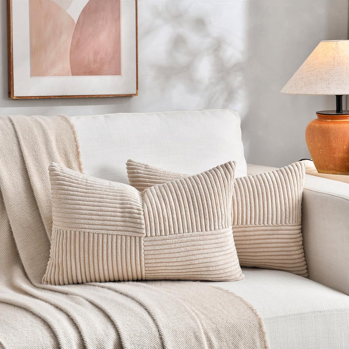 SnelShoppen - Set van 2 Boho Kussenhoezen 30 x 60 cm Beige met Kruispatroon Corduroy, Cuddly Kussenhoes Modern voor Sofa, Slaapkamer, Stoel, Bed
