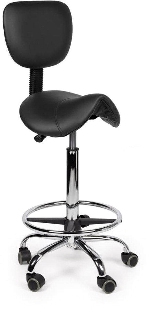 Ergonomische Zadelkruk Zwart met Rugleuning – Verstelbare Zadelstoel met Wielen – Comfortabele Werkkruk voor Salon, Kappers & Thuis - Zithoogte 70-84cm - met Voetsteun
