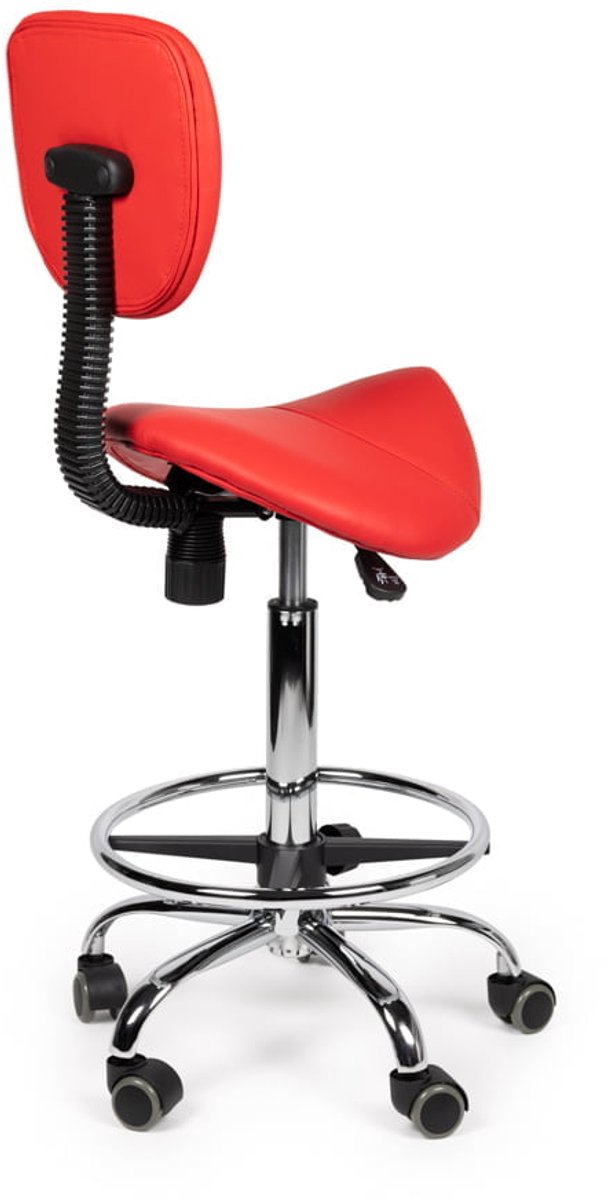 Ergonomische Zadelkruk Rood met Rugleuning – Verstelbare Zadelstoel met Wielen – Comfortabele Werkkruk voor Salon, Kappers & Thuis - Zithoogte 50-68cm - met Voetsteun