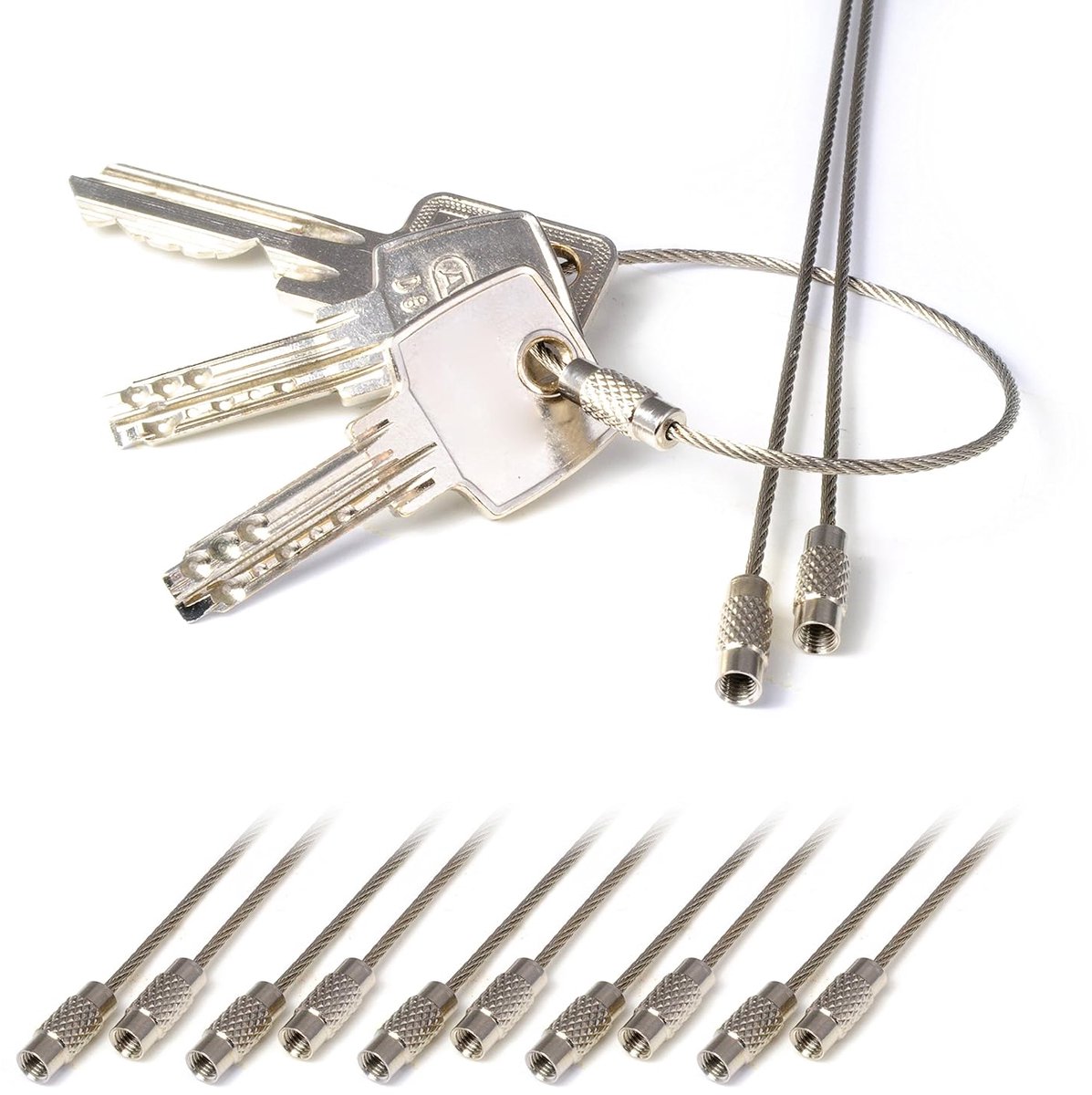 SnelShoppen - Set van 10 RVS Draadringen Sleutelhanger met Draaiklus 15 cm, 1.5 mm Dikte, Roestvrij Staal, Zilver, Ideaal voor Sleutels, Camping, Fees