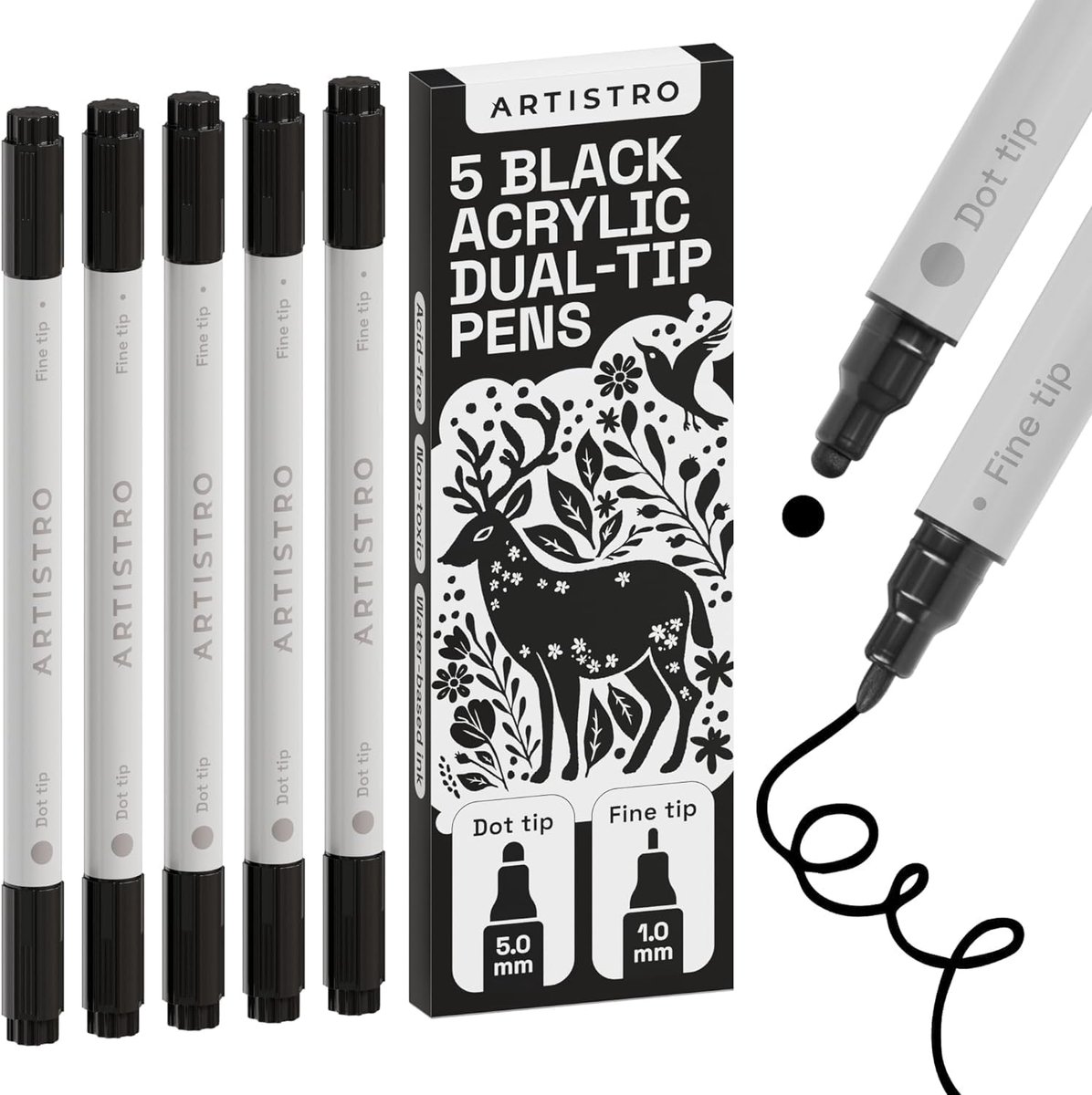 Thijox - 5 Zwarte Acrylstiften, Dubbele Punt Acrylmarkers (Fijn 1 mm + 5 mm), Tekenset voor Textiel, Canvas, Steen, Glas, Hout en Papier, Kleurmarkers