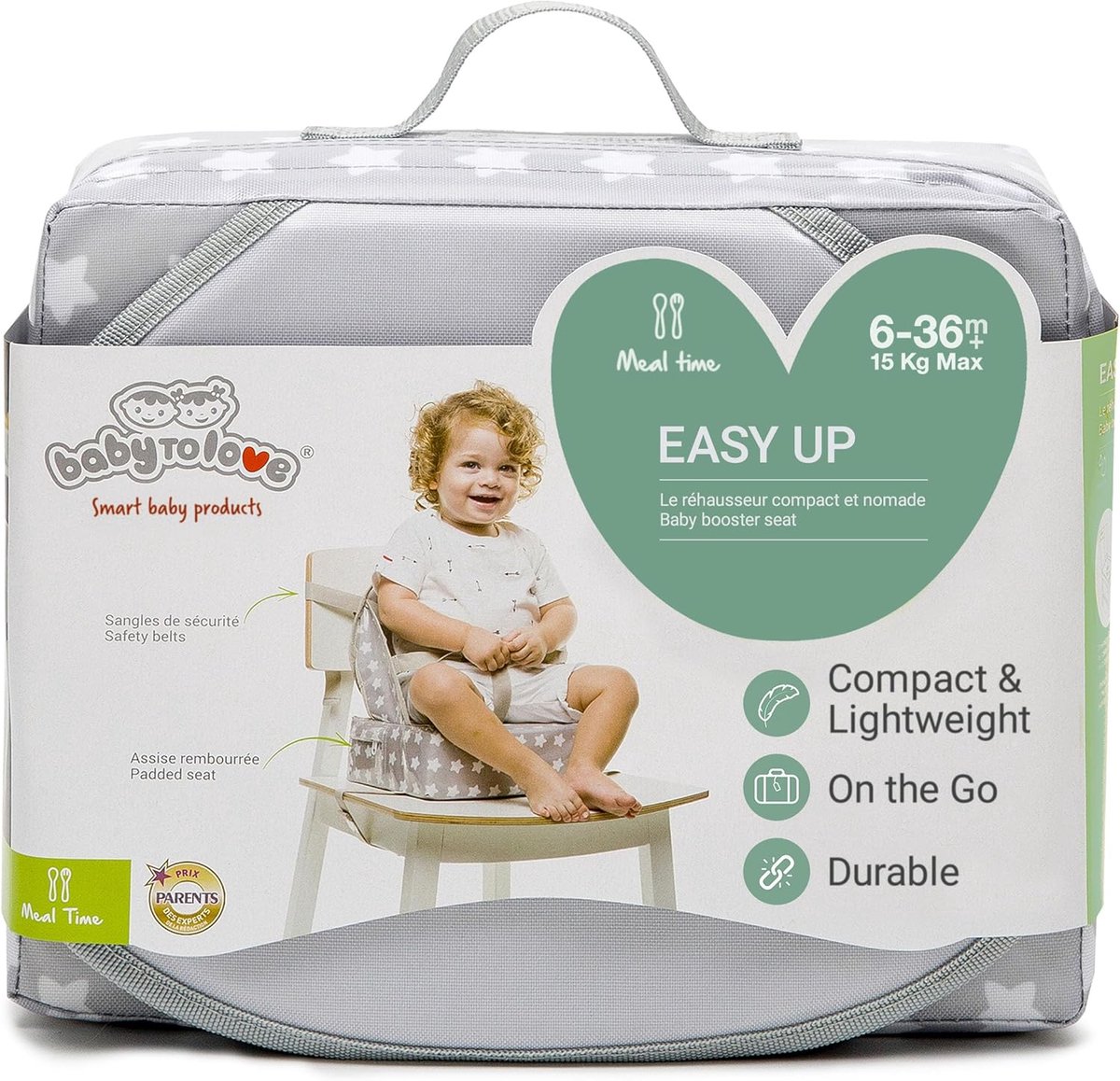 SnelShoppen - Compact Vouwbare Baby Booster Stoel met Waterdichte Kussen, 3-Punts Gordel en Draaghandvat - Wit Sterren - Ideaal voor Thuis en Buiten