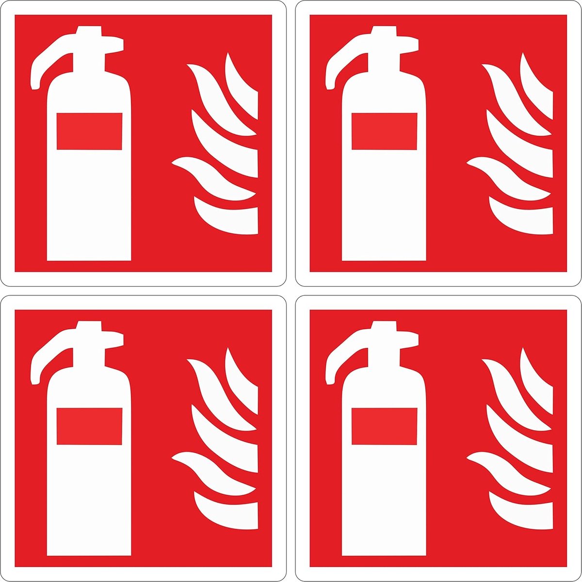 SnelShoppen - Pack van 4 PVC Brandblussers Stickers, Zelfklevend, Voor Binnen en Buiten Gebruik, 14.5 x 14.5 cm, Rood op Witte Achtergrond