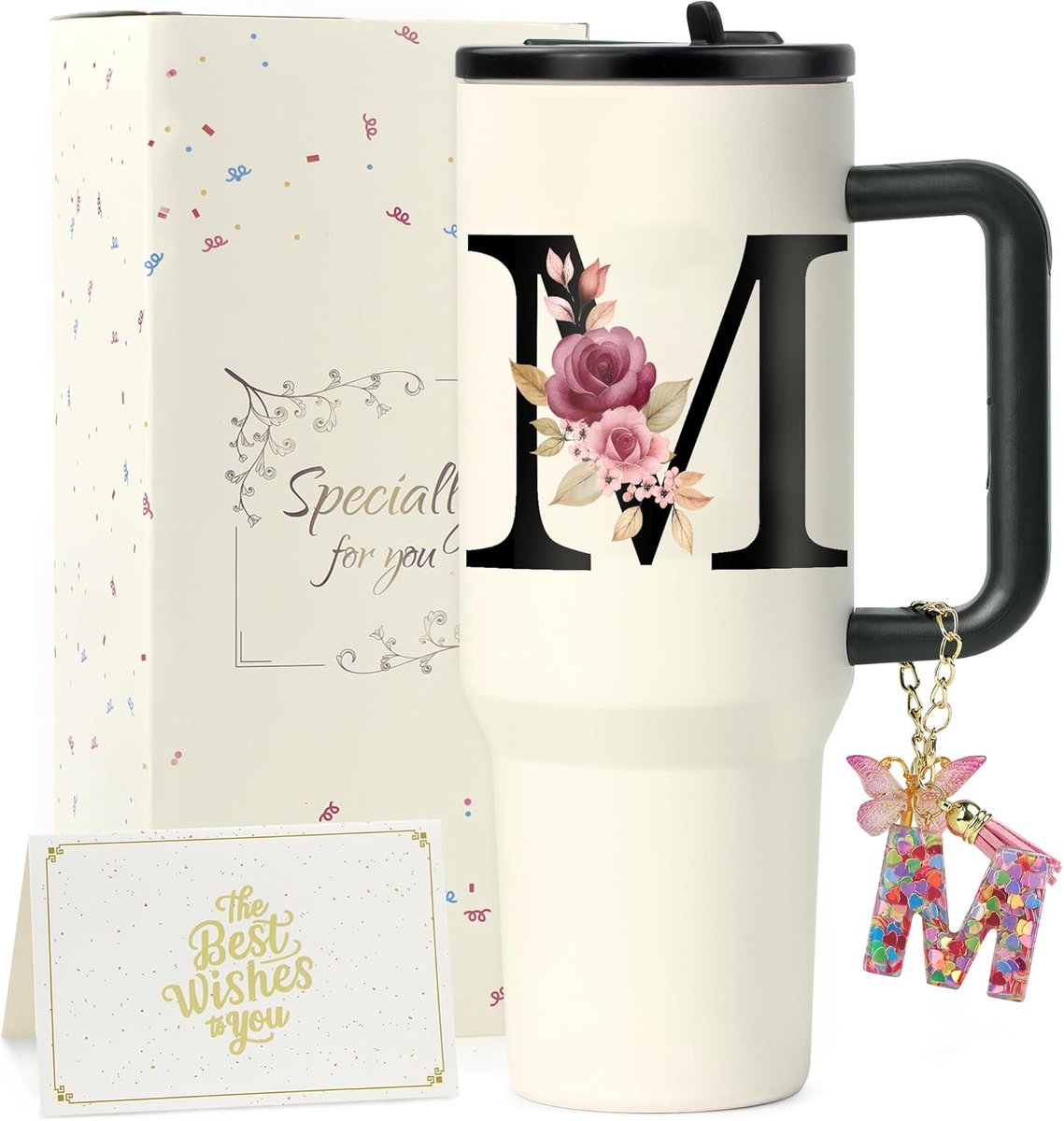 SnelShoppen - ZIOISNM A-Z Thermosfles met Rietje, 1.2 L, Dubbelwandige Isolerende Drinkbeker van RVS, Uniek met Initalen, Perfect Cadeau voor Verjaard