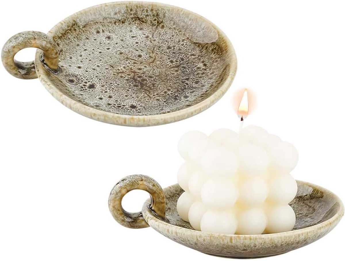 SnelShoppen - Set van 2 Donkergroene Porseleinen Kaarsenhouders met Handvat - Decoratieve Kaarsenplateau voor Thuis, Bruiloften, Spa en Inrichting - 1