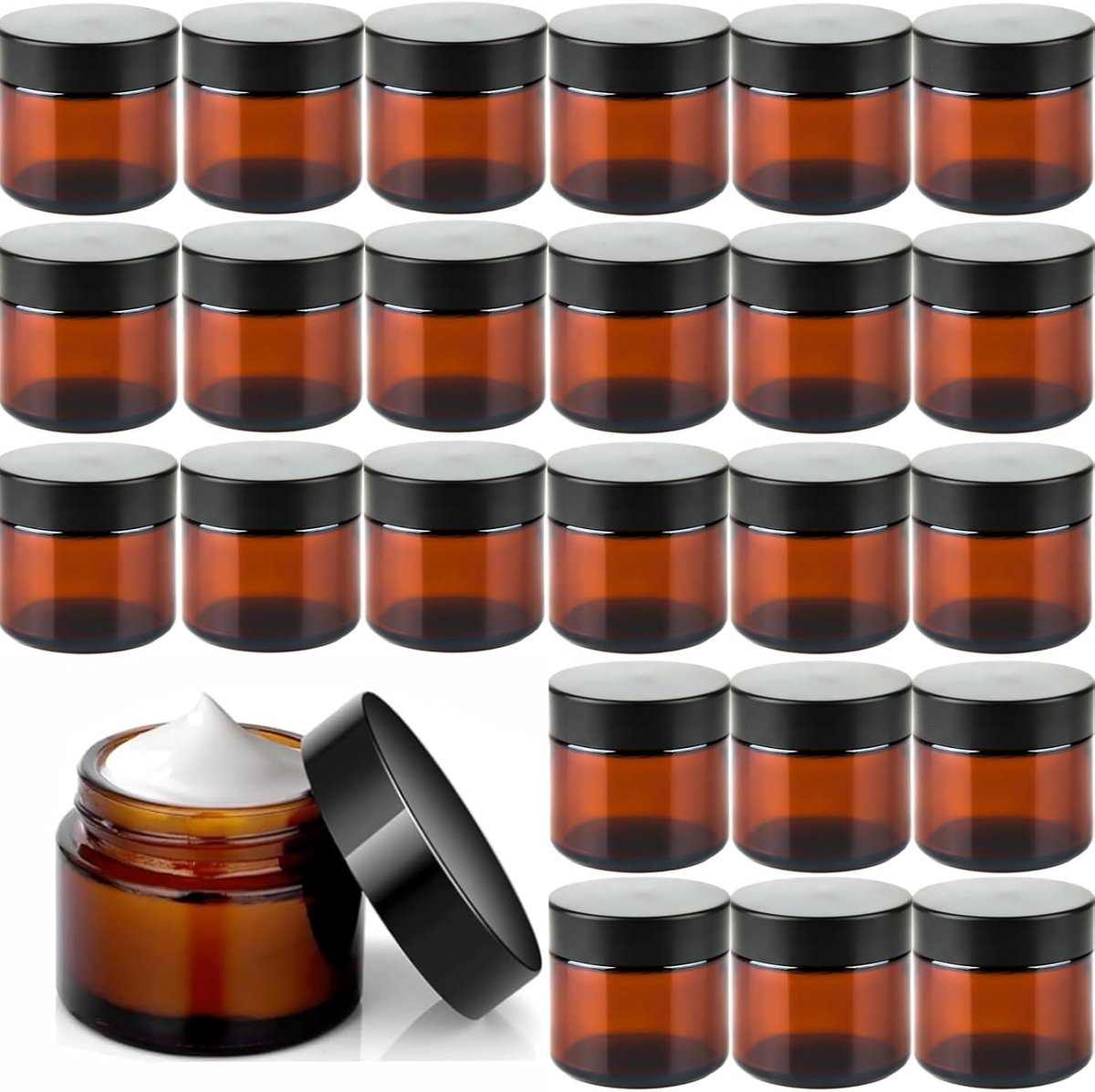 SnelShoppen - Pack van 25 amber glazen crème potjes 60 ml, lege cosmetische potjes met deksel en liner voor crèmes, zalven, duurzaam en recyclebaar