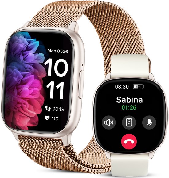 Gouden smartwatch met roségouden mesh band en een los wit bandje, naast elkaar.