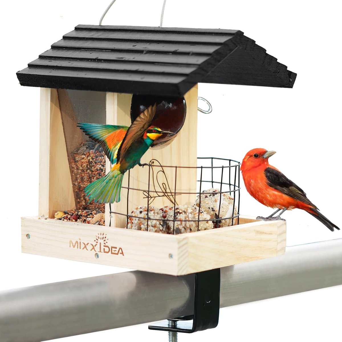 SnelShoppen - Houten Vogelvoeder Dispenser voor Balkon, Terras, Tuin - Robuuste Voederautomaat voor Wilde Vogels - Inclusief 30 cm Ophangdraad - 1 Pac