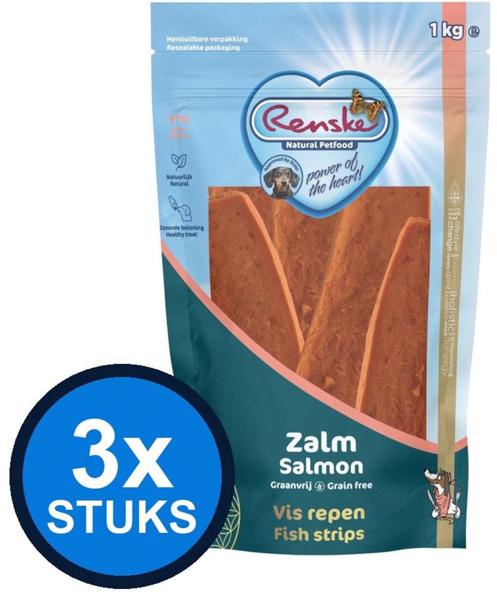 3x Renske - Gezonde beloning vis strip zalm 1kg - Hondenvoer Snacks - 1 kg