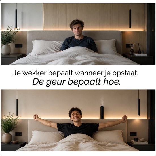 Collage van twee foto's van een man in bed. Boven: chagrijnig wakker worden. Beneden: blij en energiek, met een aroma diffuser op het nachtkastje.
