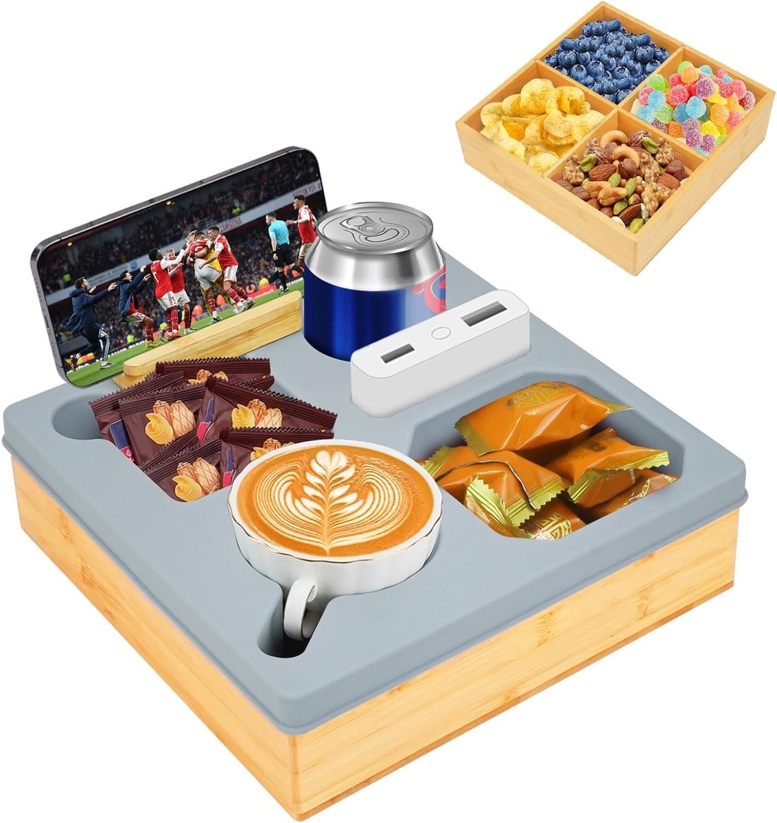 Praktische Snackbar Organiser met Anti-Mors Functie en Geïntegreerde Drink- en Telefoonhouder voor de Bank - Ideaal voor Woonkamer en Sofa, Met Verwijderbare Scheidingswanden