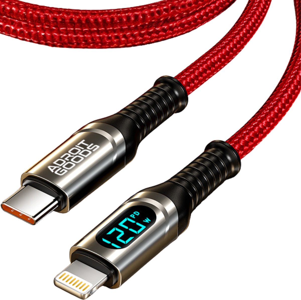 AdroitGoods USB-C naar Kabel 120W Snellader met Display PD Fast Charge Nylon Gevlochten Data Kabel Geschikt voor apple ipad lightning - Rood 2 m