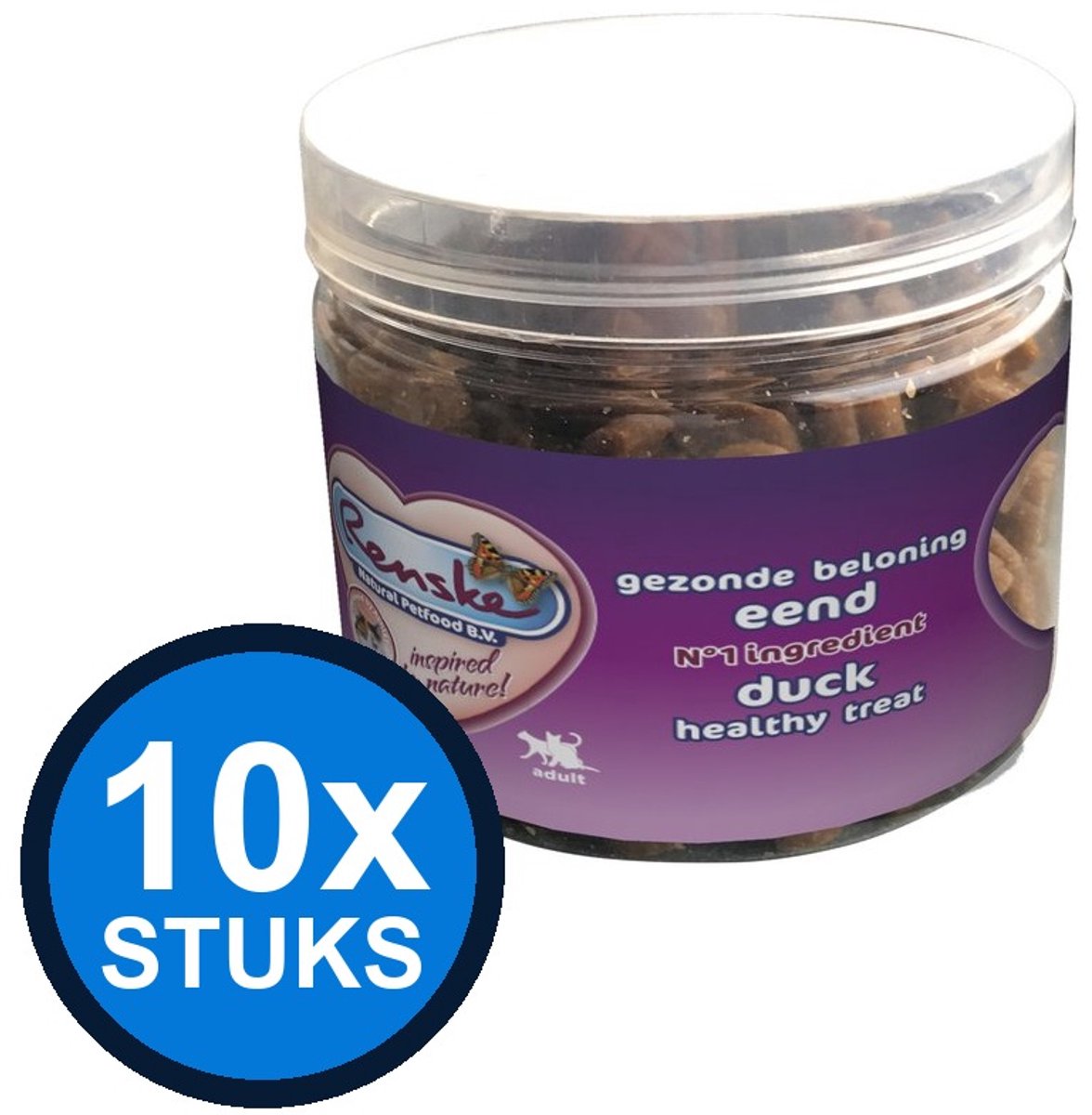 10x Renske - Gezonde beloning kat mini hartjes eend 100gr - Kattenvoer Snacks - 100 g