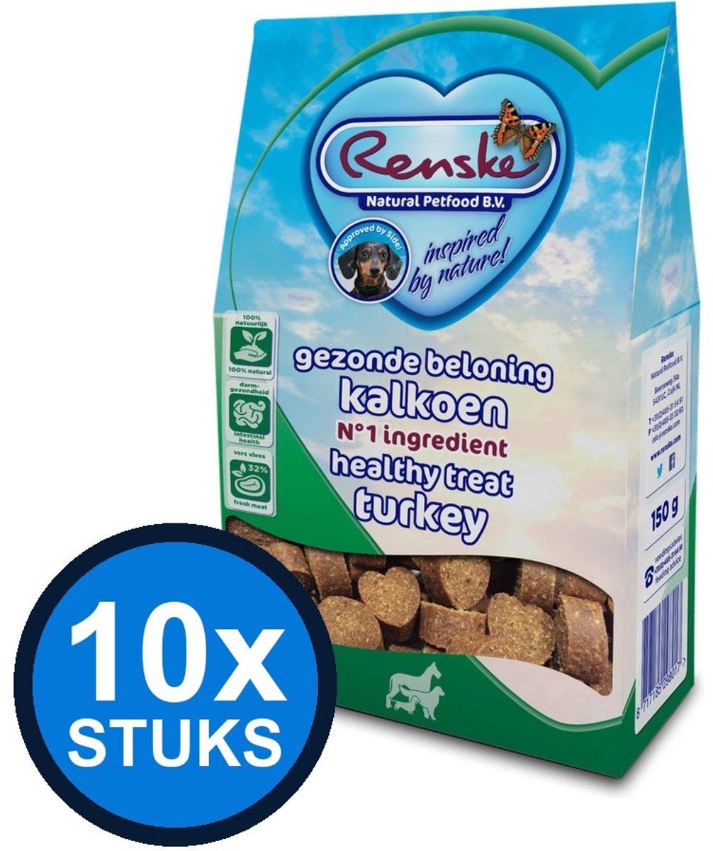 10x Renske - Gezonde beloning hartjes hond kalkoen 150gr - Hondenvoer Snacks - 150 g