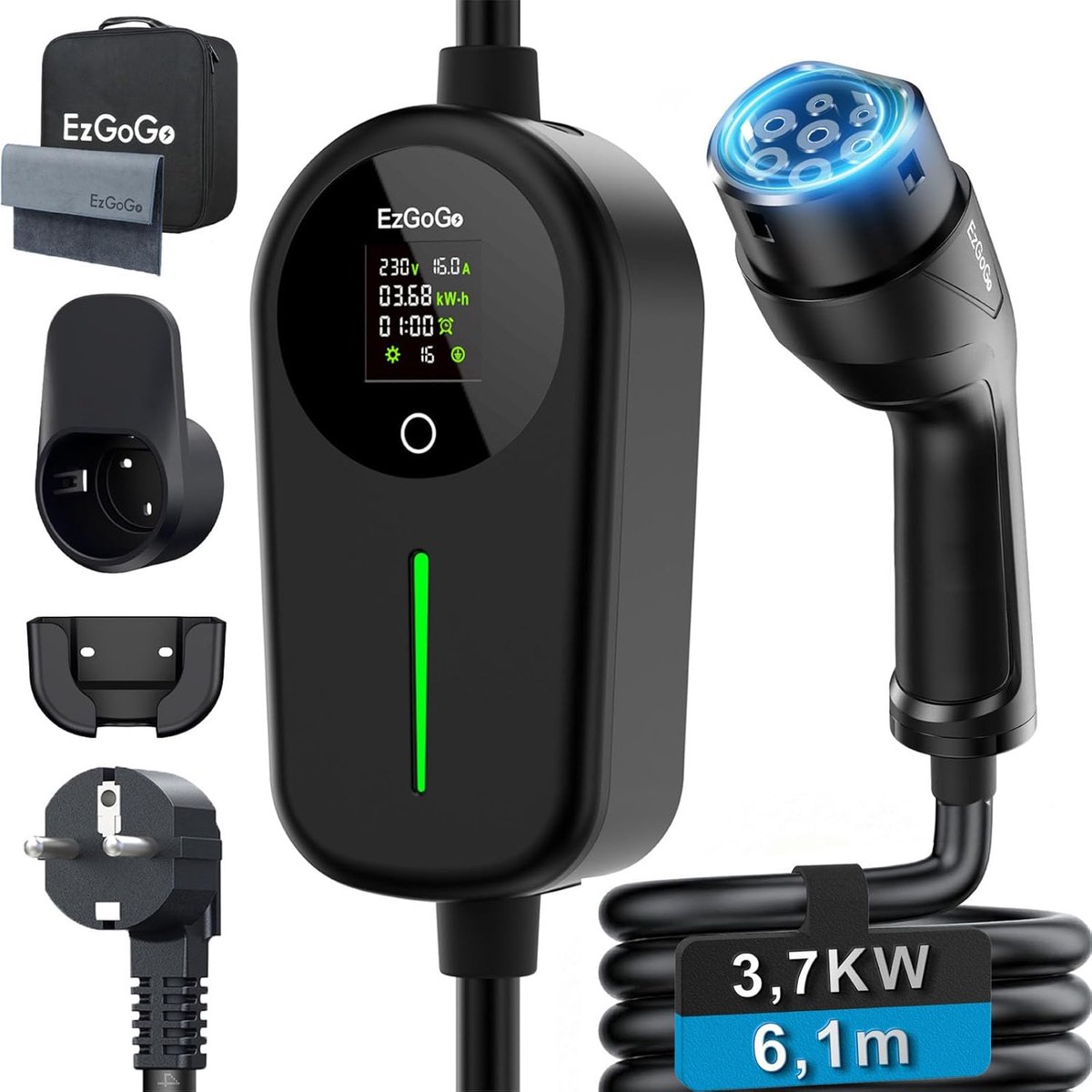 SnelShoppen - EzGoGo Type 2 Schuko Oplaadkabel 3.7 kW, 1-Phase 6.1 m, Verstelbare LCD Display, IP65 Bescherming, Draagbare Lader voor Alle Elektrische