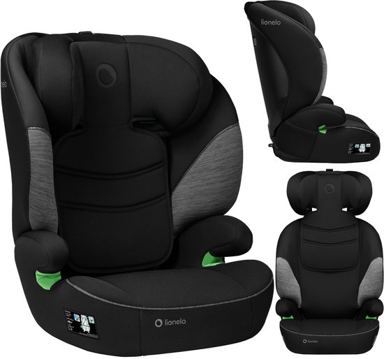 Zwart autostoeltje met grijze stoffen accenten en groene knoppen.