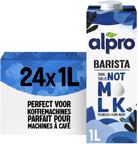 Alpro Barista "This is not M*lk" 1L pak in blauwe en witte verpakking, met "24x1L" en "Perfect voor koffiemachines".