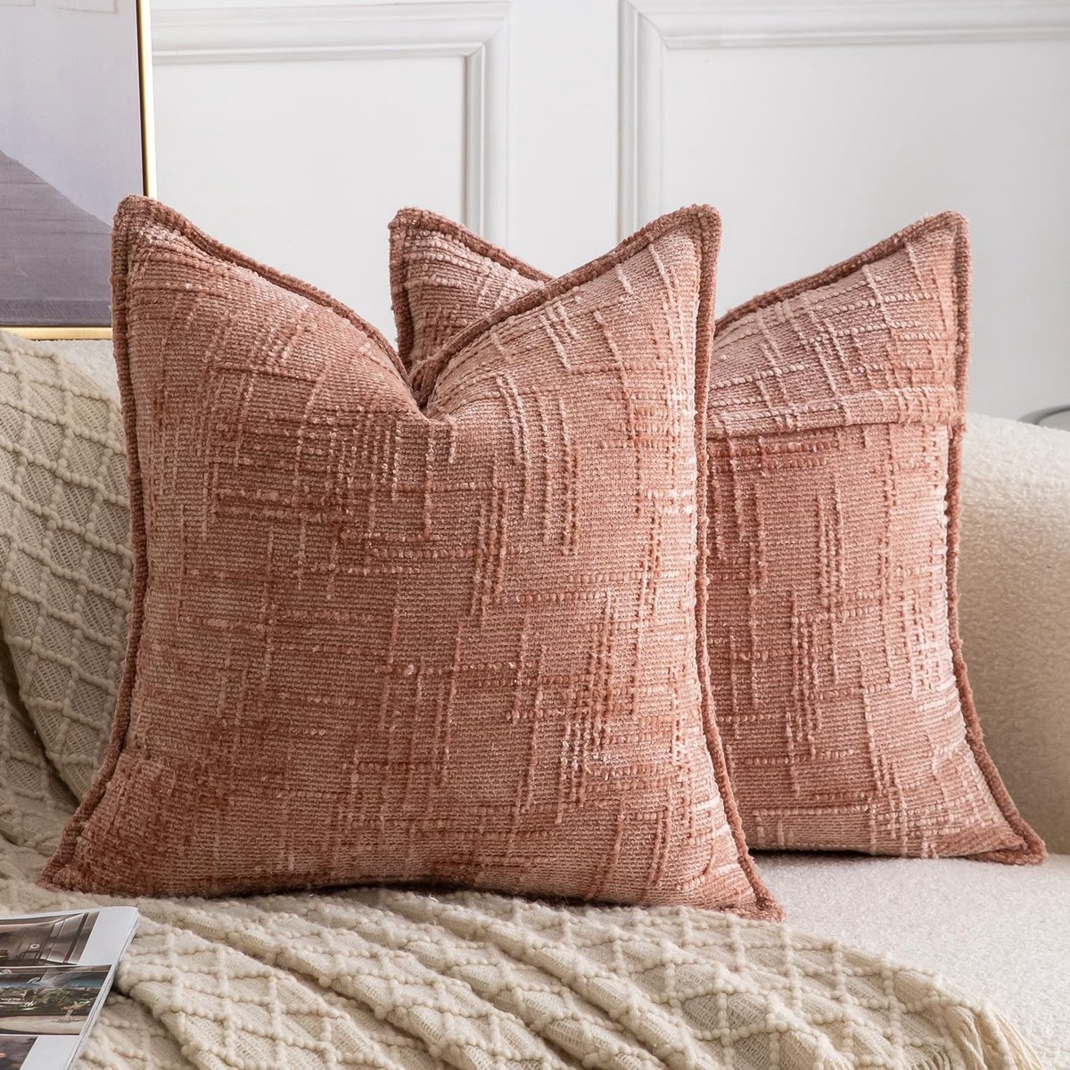 SnelShoppen - Set van 2 Chenille Kussenhoezen 40x40cm - Zachte Neutrale Decoratieve Kussens voor Sofa en Slaapkamer - Boho Accent Kussens Roze