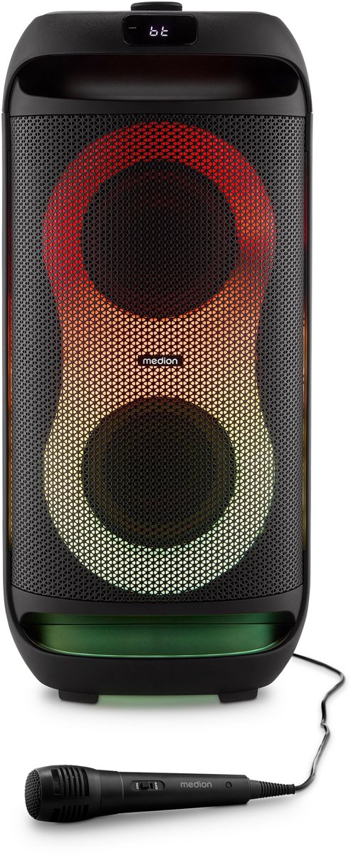 MEDION PE-2 Plus Partybox accu met microfoon - grote speaker | Feestluidspreker met karaoke, lichteffecten, microfoon- en gitaaringang, draagbare Bluetooth-audio, AUX, USB