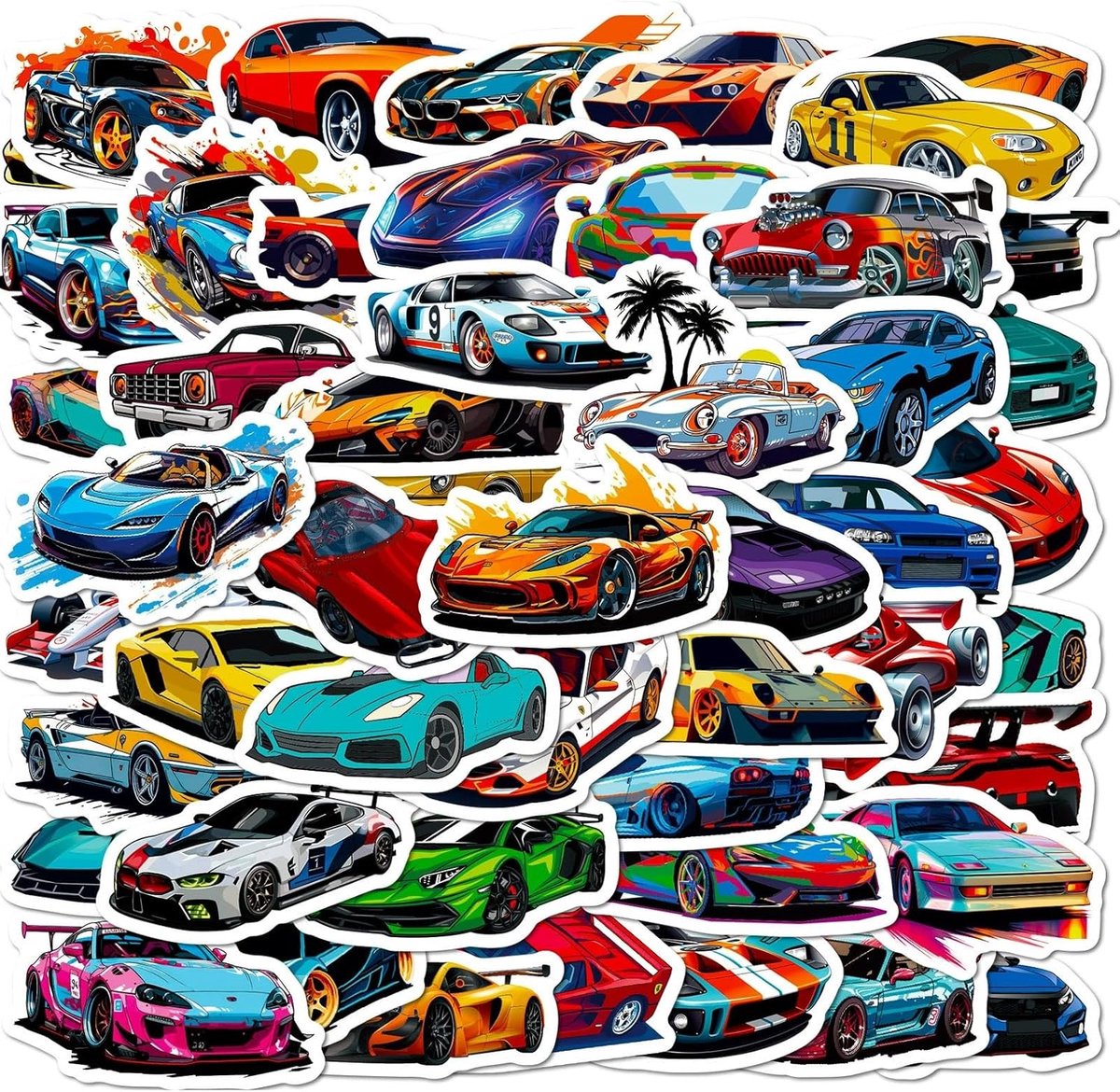 SnelShoppen - 50 Stuks Sports Car Stickers voor Jongeren en Volwassenen, Vinyl Sticker Set voor Auto, Motor, Fiets, Skateboard, Laptop, Koffer, Helm,