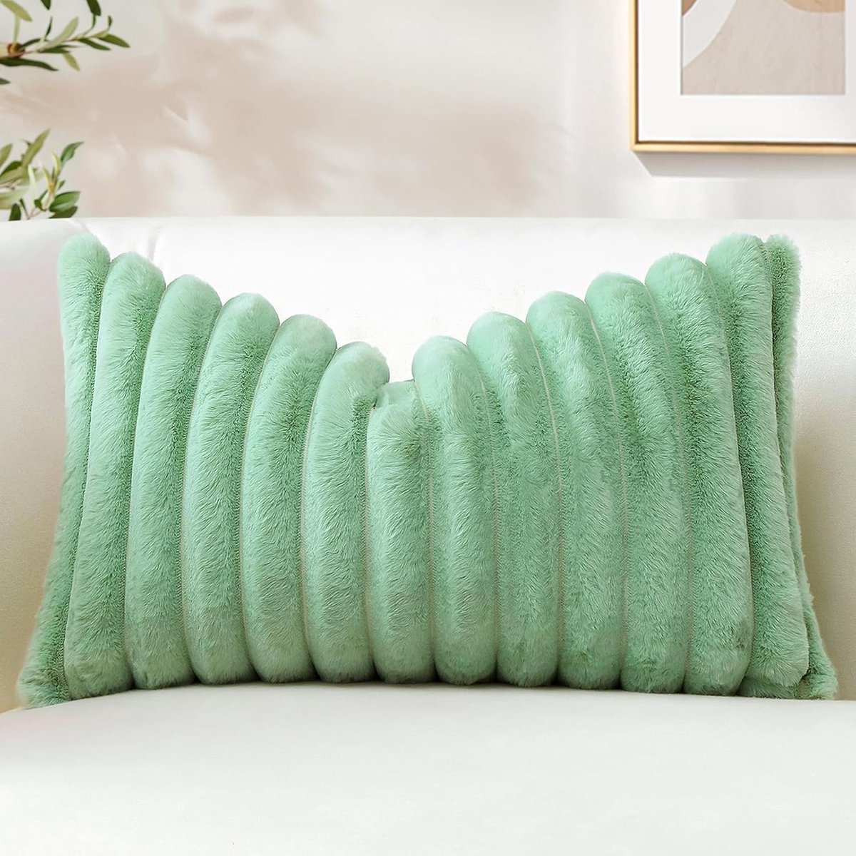 SnelShoppen - Lichtgroene Nep Konijnenbont Kussenhoes 40 x 60 cm - Zachte Pluche Gestreepte Decoratieve Kussenhoezen voor Sofa en Slaapkamer - 16x24 I