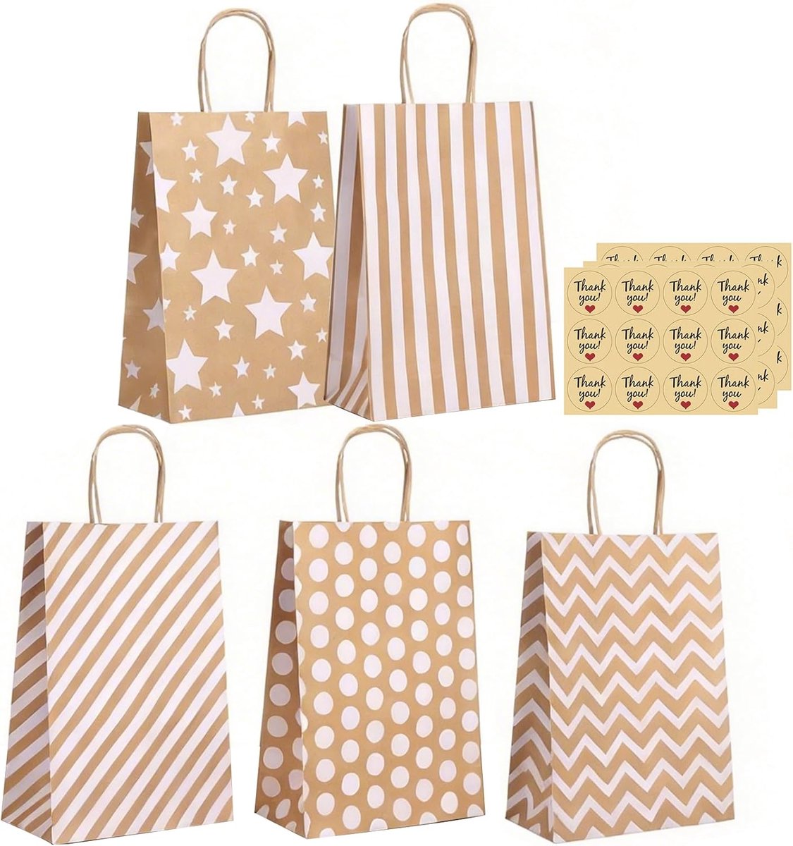 SnelShoppen - 30 Stuks Cadeautassen - Papieren Tassen met 36 Bedankstickers, 5 Patroon Feesttassen met Handvatten voor Kinderen, Verjaardag, Bruiloft