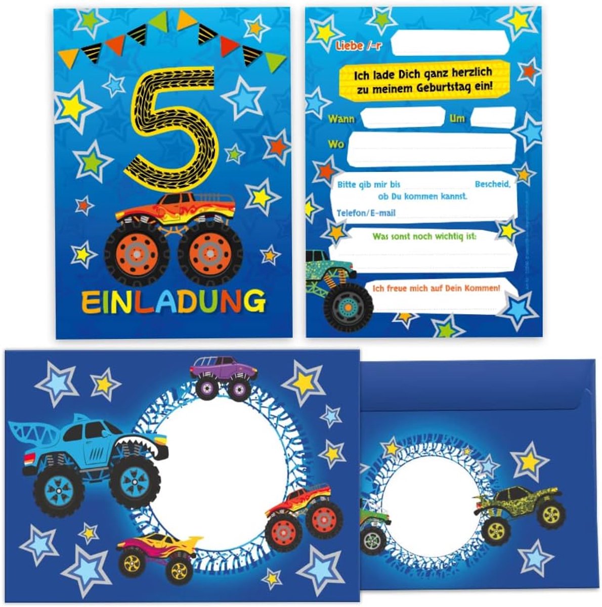 SnelShoppen - 12 Monster Truck Uitnodigingskaarten met Enveloppen - Vijfde Verjaardag Kinderen - Coole Auto Thema Feest - 10.5x14.8 cm - Zelfklevend
