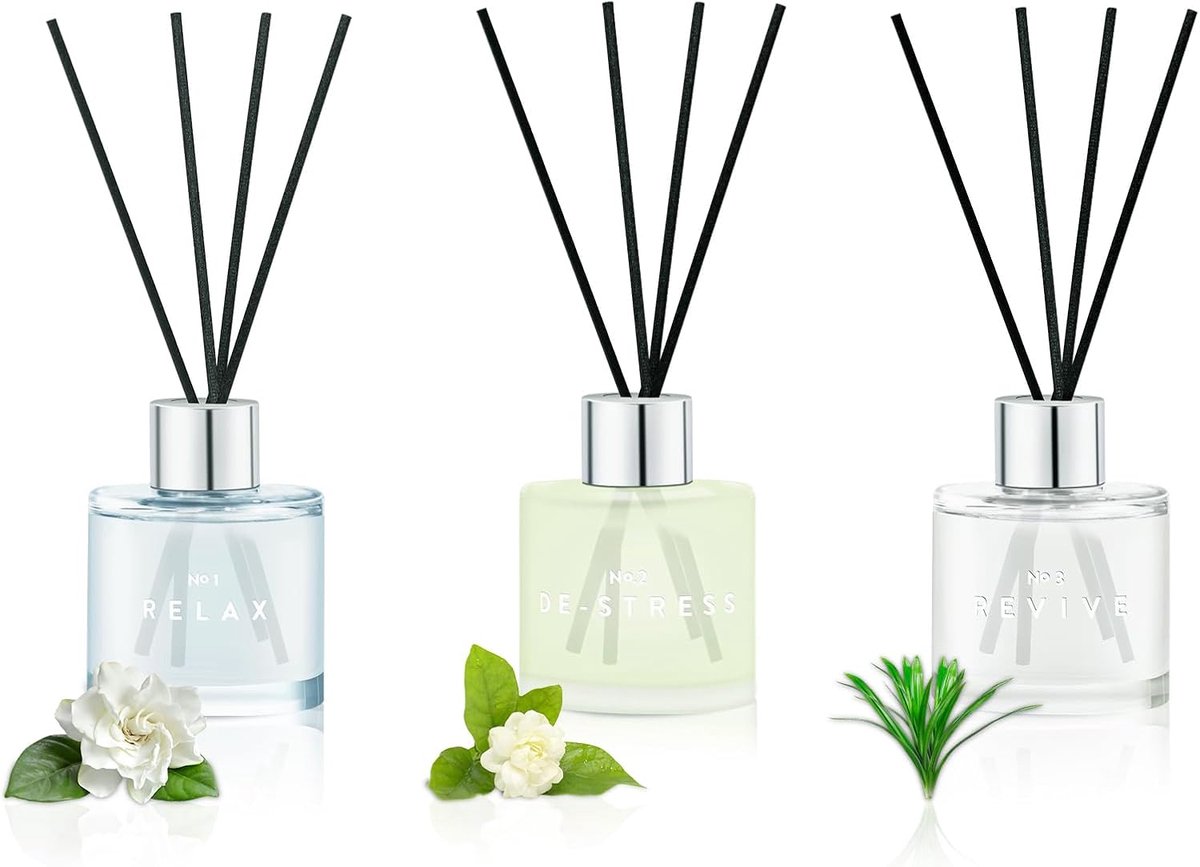 SnelShoppen - Geurstokjes Set 3 x 50ml - Gardenia, Jasmijn, Citroengras - Aromatherapie Diffuser met 12 Vezel Sticks - Luchtverfrisser voor Slaapkamer