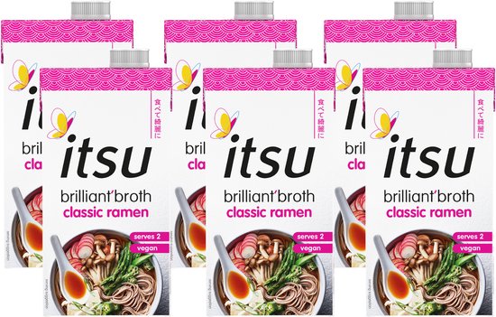 Zes Itsu brilliant broth classic ramen pakken gerangschikt in een raster. Elke pak heeft een afbeelding van een kom ramen. 'Serves 2 vegan'.