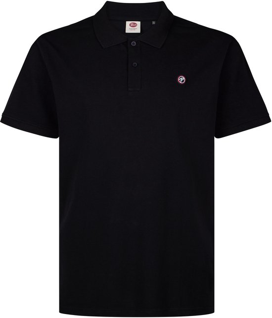 Zwarte katoenen piqué polo met korte mouwen, kraag, knoopsluiting en logo op de borst.