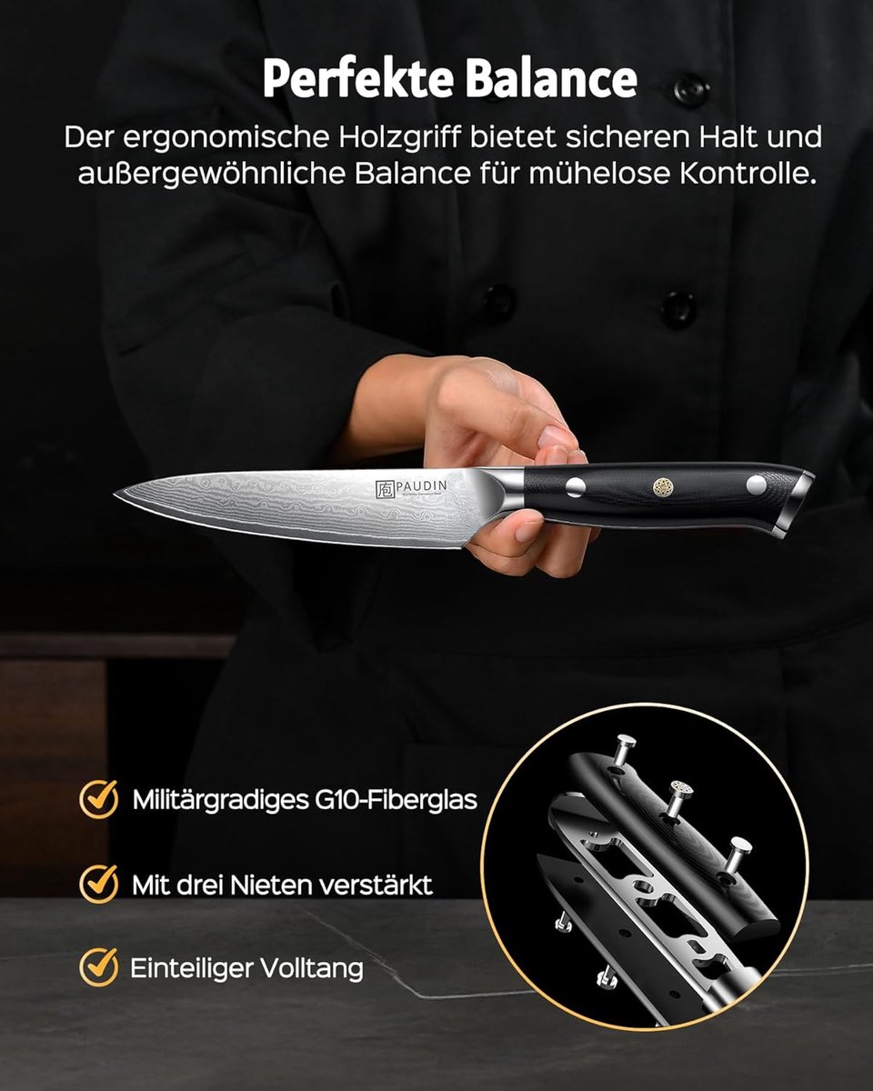 SnelShoppen - Universeel Kookmes 13 cm - Professioneel Keukenmes met Ergonomisch G10 Damast Stalen Handvat - Perfect voor Vlees, Groenten, Fruit, Broo