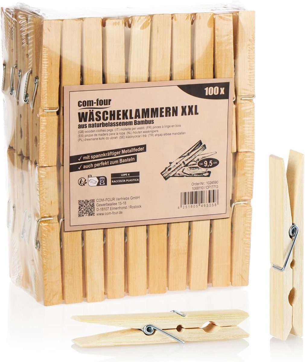 SnelShoppen - 100x XXL Bamboe Wasknijpers - Grote Houten Klammen met Sterke Metaalveer - Onbehandeld Bamboe Klammen van 9.5 cm voor Was, Knutselen en