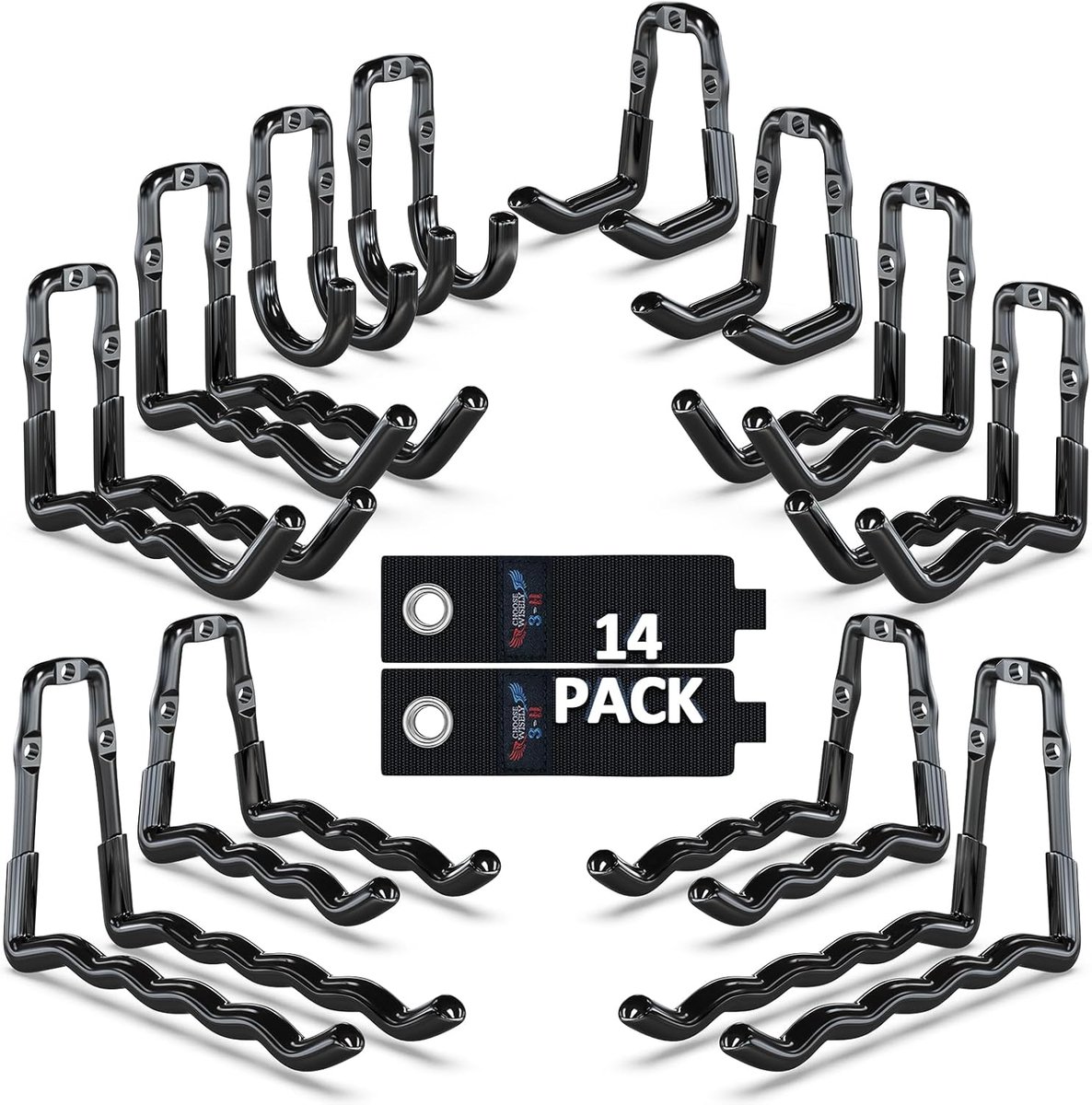 SnelShoppen - 3-H Heavy Duty Garage Hooks - 14 Pack - Sterke Garage Wandhaken voor Ladders, Fietsen, Tuin Gereedschap, Zwart - Duurzaam en Betrouwbaar