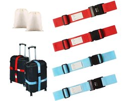 SnelShoppen - Set van 4 Verstelbare Luggage Straps - Stevige Bagagestraps met Wachtwoordslot en Naamlabel Slot - 2 Opbergtassen - 2 Kleuren voor Ident