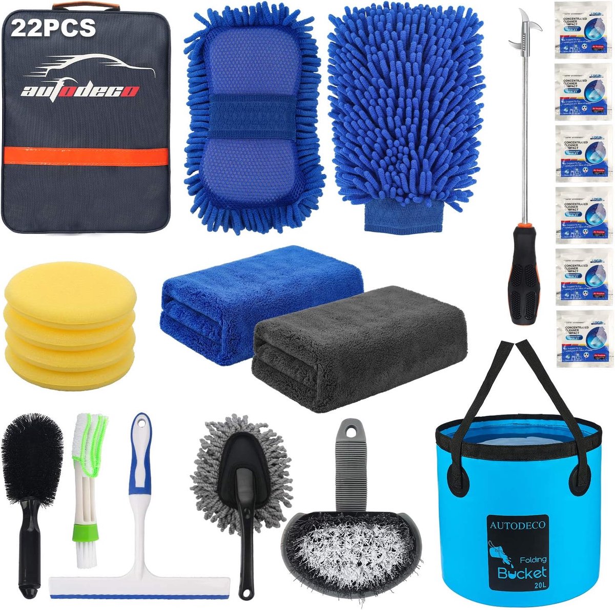 SnelShoppen - Cleaning Kit Auto - 22-delige Auto Detail Set met Blauwe Canvas Tas, Opvouwbare Emmer, Spons, Doeken, Bandborstel, Ruitenschraper, Stofd