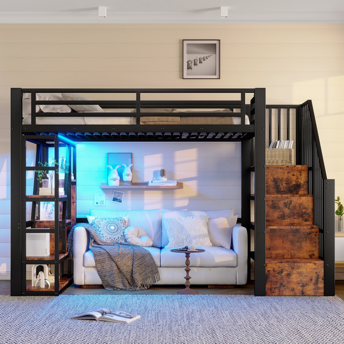 COVREO Hoogslaper 90x200 cm - met opbergtrap, wandrek, LED-lichtstrip en hek, zwart