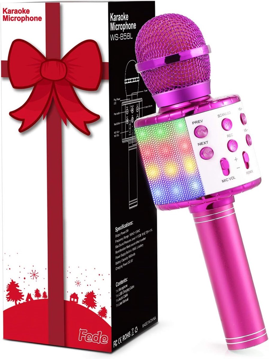 SnelShoppen - Karaoke Microfoon met Bluetooth, Draadloze Karaoke Microfoon voor Kinderen, LED Verlichting, Multicolor, Geschikt voor Android/iOS en PC