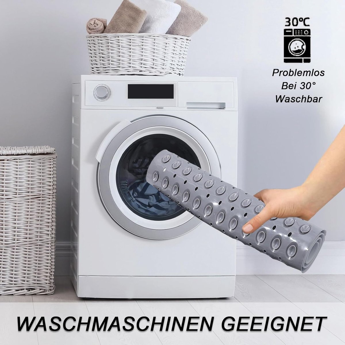 SnelShoppen - Antislip Douchemattenset 60 x 90 cm met Zuignappen - Machinewasbare PVC Douchemat voor Douche, Sauna of Bad - Grijs met 2 Haken