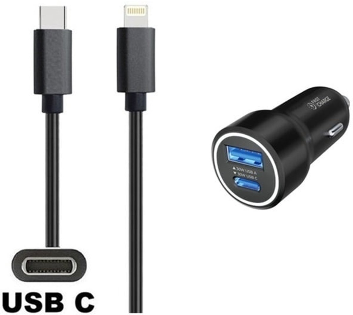 30W auto snellader met 2 poorten + 1m sterke USB C naar C kabel. Universele PD PPS lader. Autolader adapter past op Apple iPhone SE 2, iPhone 8, 8 Plus, iPhone 10, iPhone X, iPhone XR, iPhone XS, iPhone XS Max