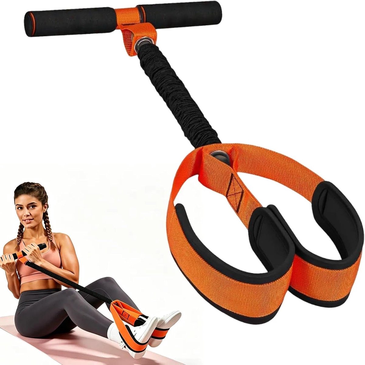 SnelShoppen - Pedaalweerstandsband met Handgreep, Buiktrainer Thuis, Optrekbanden, Pull-Up Band voor Sit-Ups, Onderarmtrainer, Spierversterking voor B