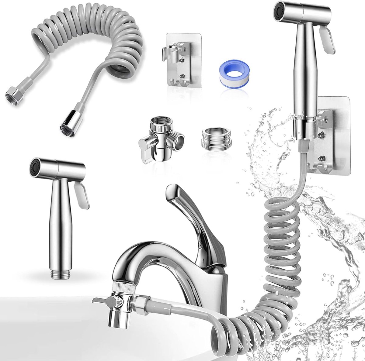 SnelShoppen - Telescopische Doucheslang Set, Rvs PU Doucheslang 3m, Inclusief Handdouche, Adhesief Tape voor Bidet, Toilet, Wasbak, Tap, Hoogwaardige