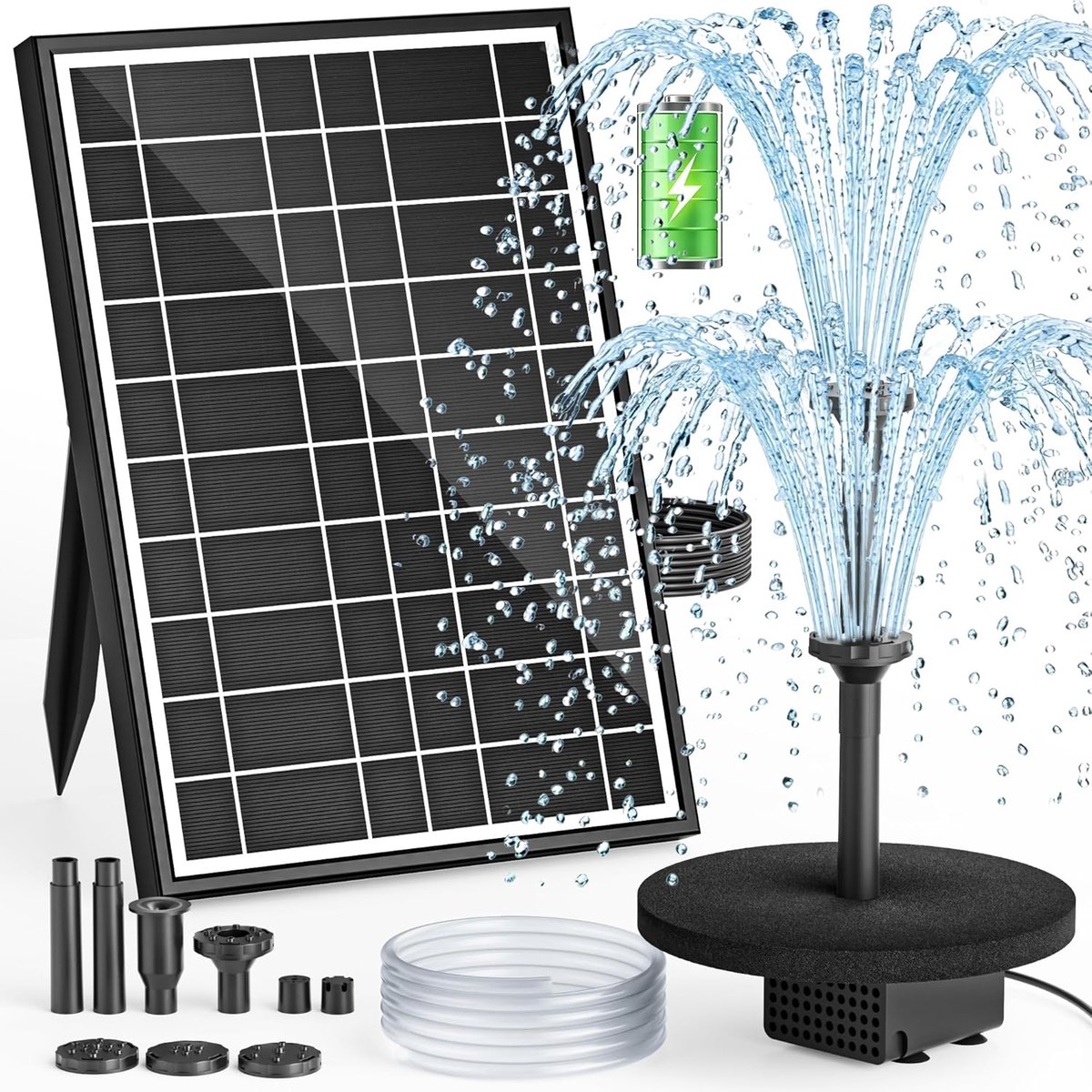 SnelShoppen - Solar Fountain Pump met Batterij - 8.5 W Solar Waterpomp met 3200 mAh Accu, Dubbele Nozzles, 7+ Spray Modi en 1.5 m PVC Tuinslang voor V