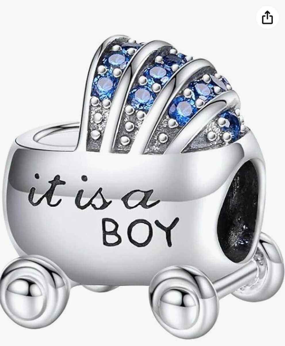 Fler® | Bedel | Past op populaire bedelarmbanden (standaard - 3mm) | Kinderwagen Bedel 'It's a Boy' | Hangbedel Charm | 925 sterling zilver | Blauwe zirkonia | Zwarte emaille | Valentijnsdag Cadeau | Sinterklaas kado |Kerstcadeau |Verjaardagsgeschenk