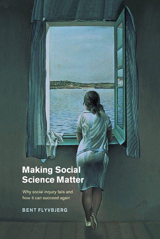 Een vrouw in een witte jurk kijkt uit een raam naar een meer. Titel: Making Social Science Matter.