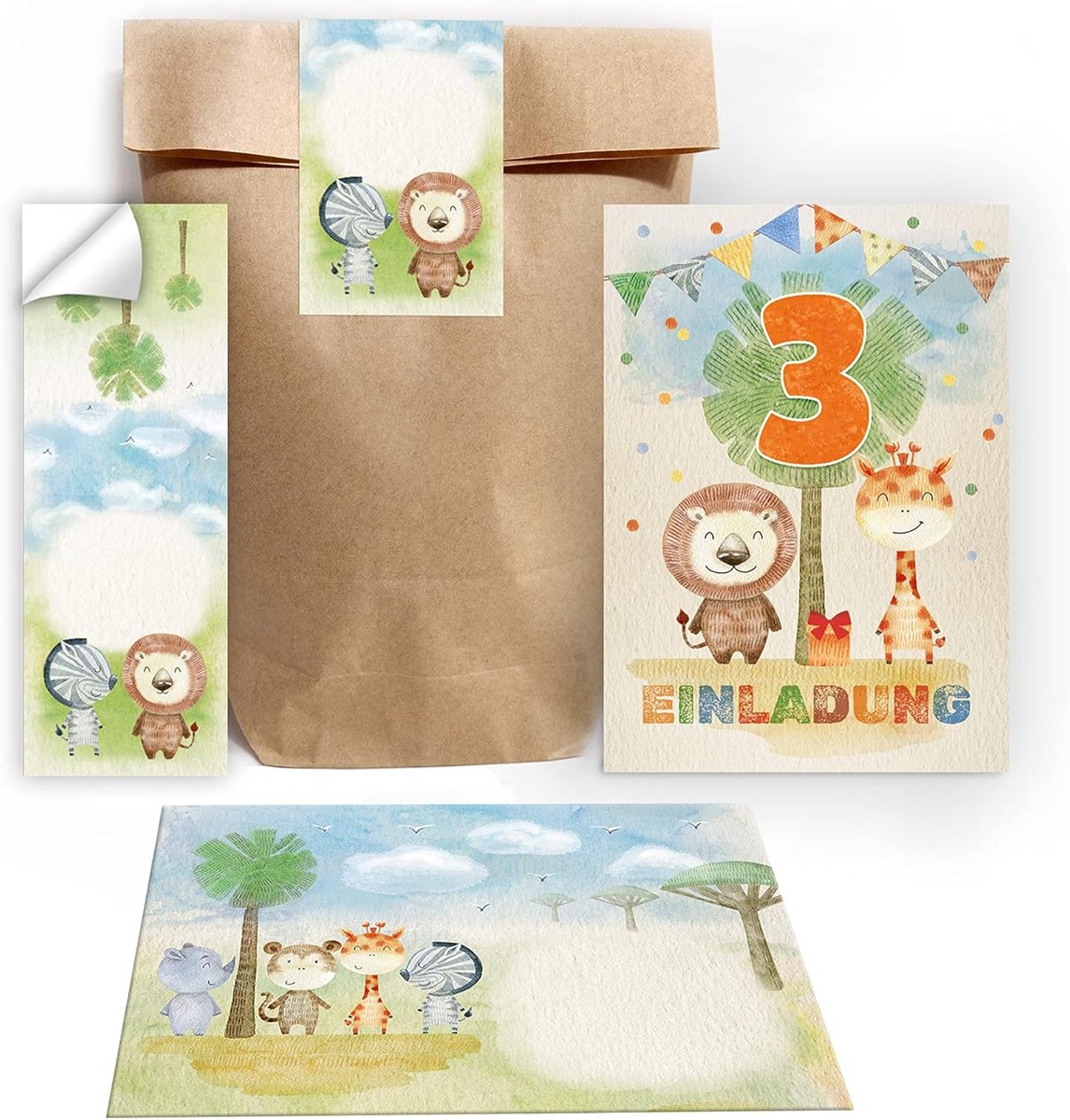 SnelShoppen - 12 Uitnodigingskaarten Derde Verjaardag - Dieren Thema - Inclusief Enveloppen, Cadeautasjes en Stickers - Voor Jongens en Meisjes - 10.5