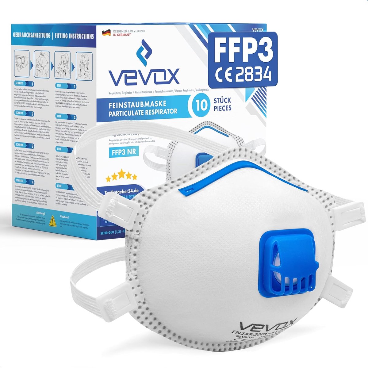 SnelShoppen - FFP3 Stofmasker Set van 10 - Comfort Plus Seal - Ademend FFP3 Masker met Ventiel en Filter - Bescherming tegen Stof en Deeltjes