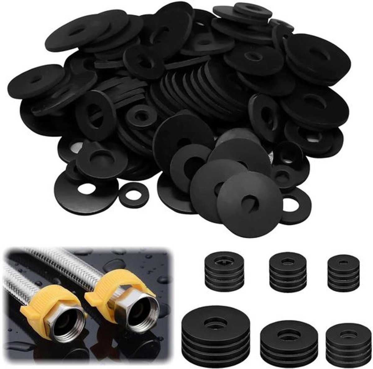 120 stuks platte rubberen sluitringen assortiment voor hydraulische afdichting en afstandhouders - zwart, 30/25/20/16/12/10 mm