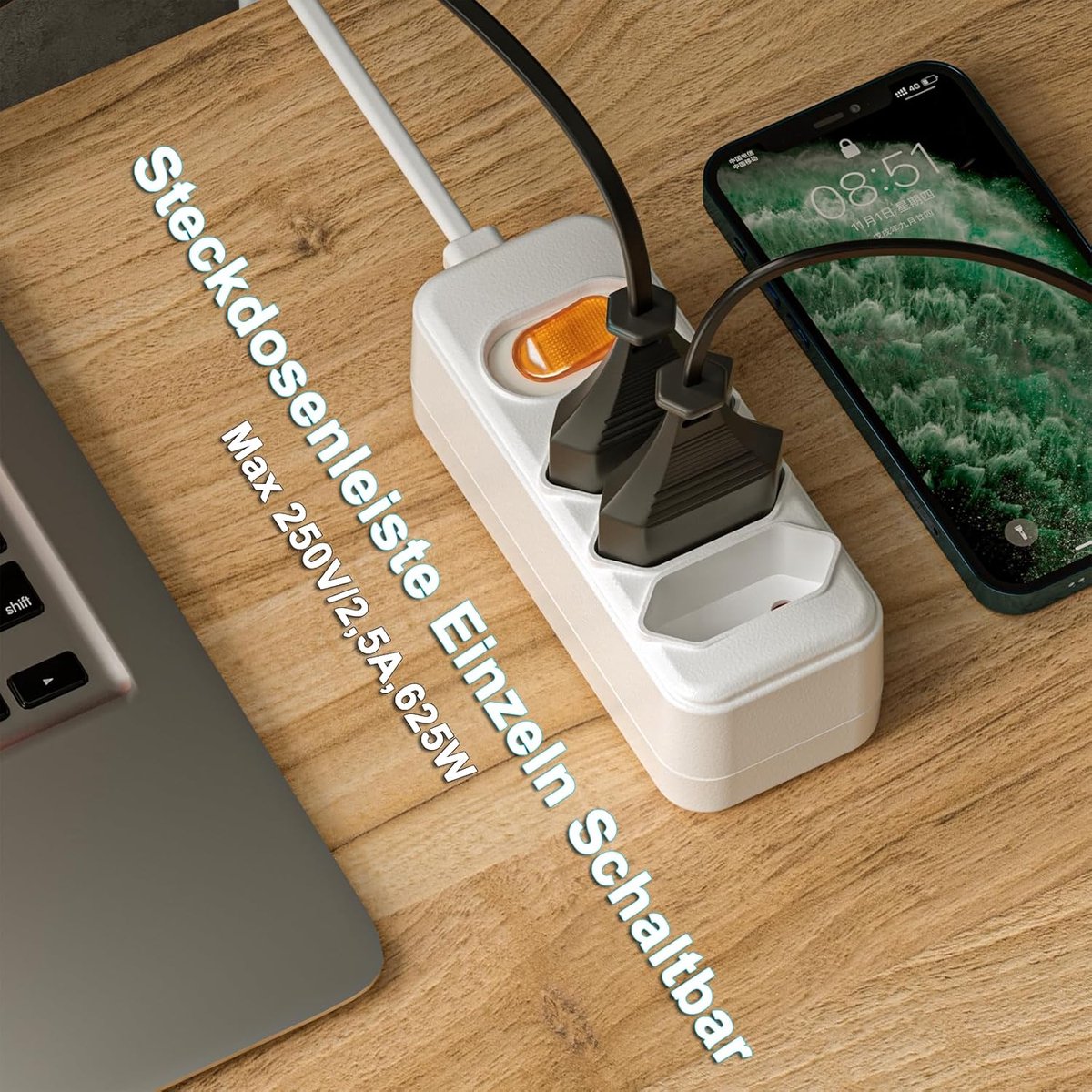 SnelShoppen - Stekkerdoos 3-voudig met Schakelaar, Plat Stopcontact 3 m Kabel, Individueel Schakelbaar, Eurostekkerdoos voor Thuis en Kantoor, 625 W,